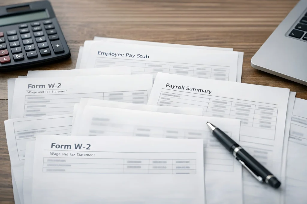 Employee pay stubs, W-2 forms, and direct deposit records for payroll tax filing