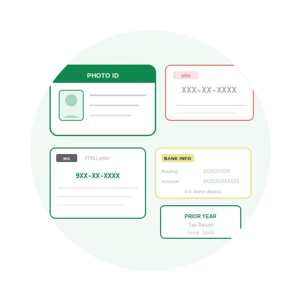 Photo ID, Social Security card, ITIN letter, and bank info needed for tax appointment